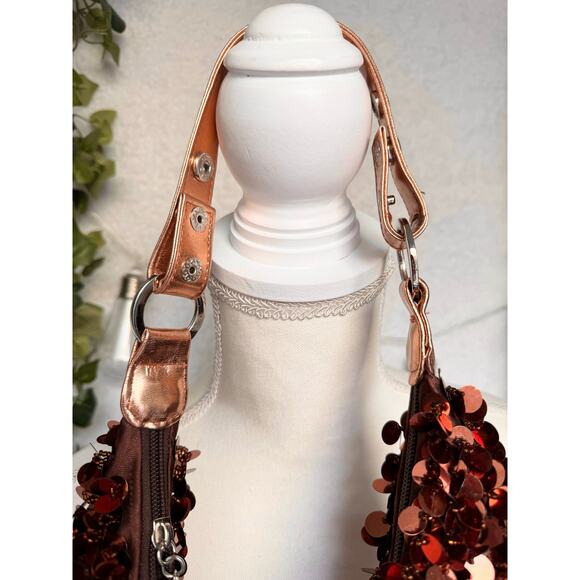 Y2K Sequin Shaggy Shoulder Bag Purse Brown Shiny Sparkly - Picture 4 of 13